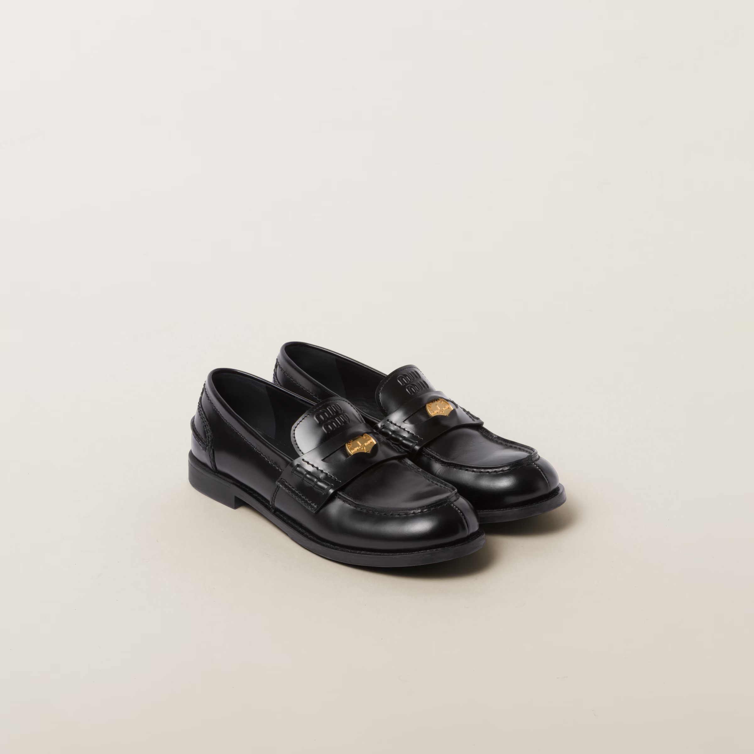 Black Brushed Leather Loafers | Miu Miu | Miu Miu US