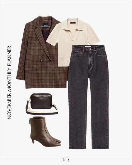 Monthly outfit planner: NOVEMBER Fall and Winter looks | straight jean, polo sweater, plaid blazer, chocolate ankle boots, camera crossbody 

See the entire calendar on thesarahstories.com ✨

#LTKstyletip