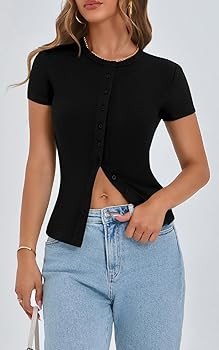 PRETTYGARDEN Women's Short Sleeve Summer Tops 2025 Trendy Ribbed Knit Button Up Tight Basic Tees ... | Amazon (US)