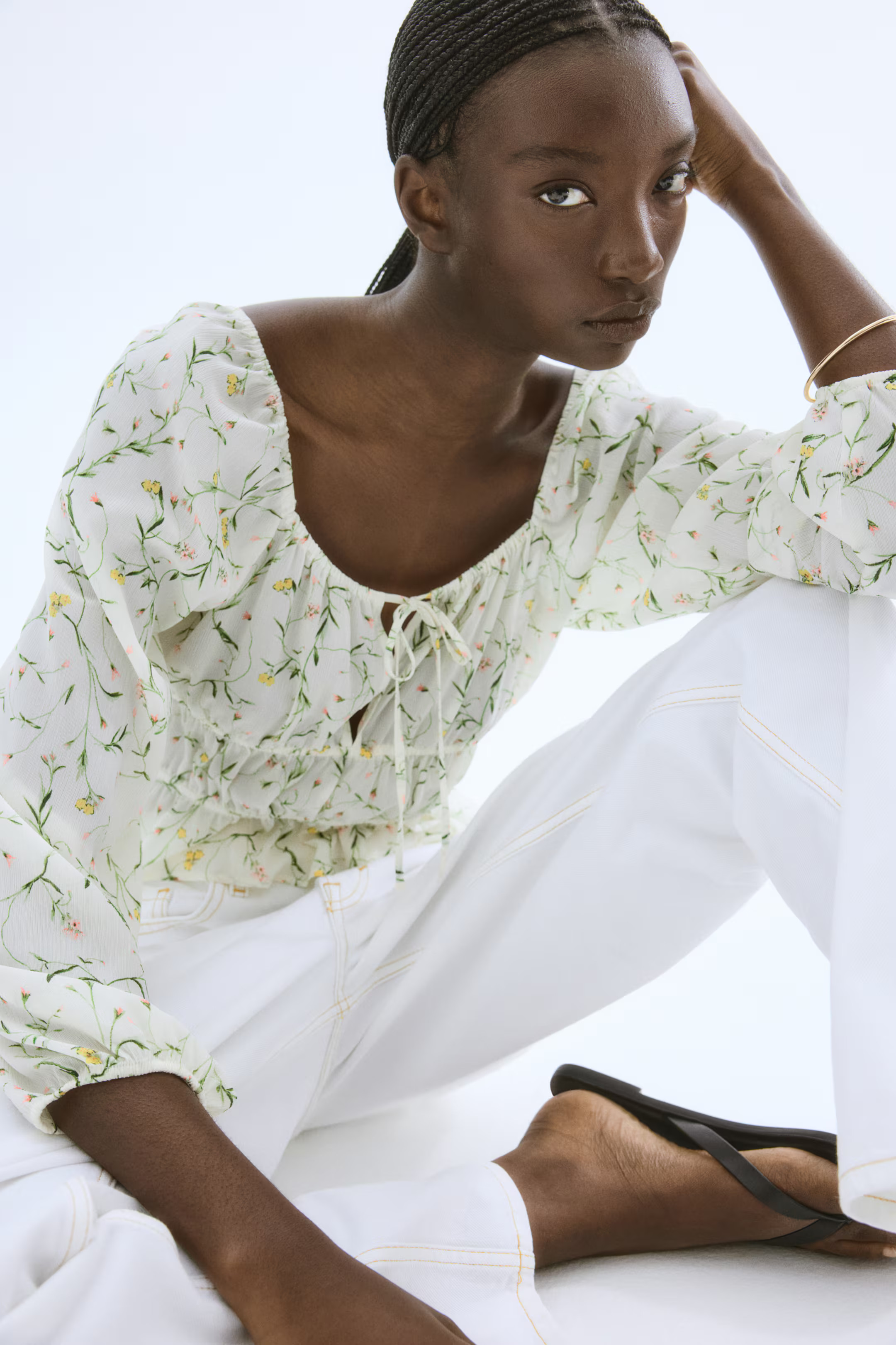 Crinkled Blouse - White/floral - Ladies | H&M US | H&M (US + CA)
