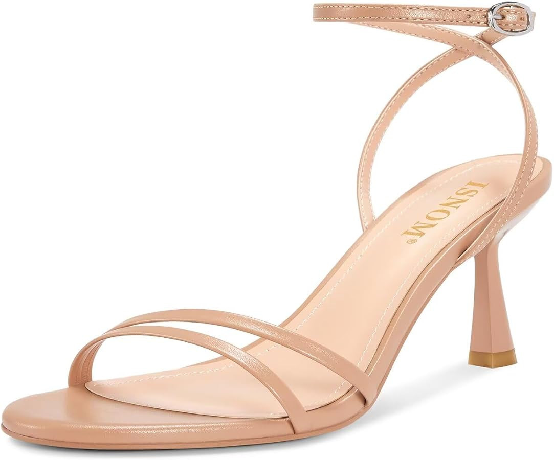 ISNOM Womens Sandals Round Toe Low Heels Strappy Ankle Strap Kitten Heel Comfort Dress Party Shoe... | Amazon (US)