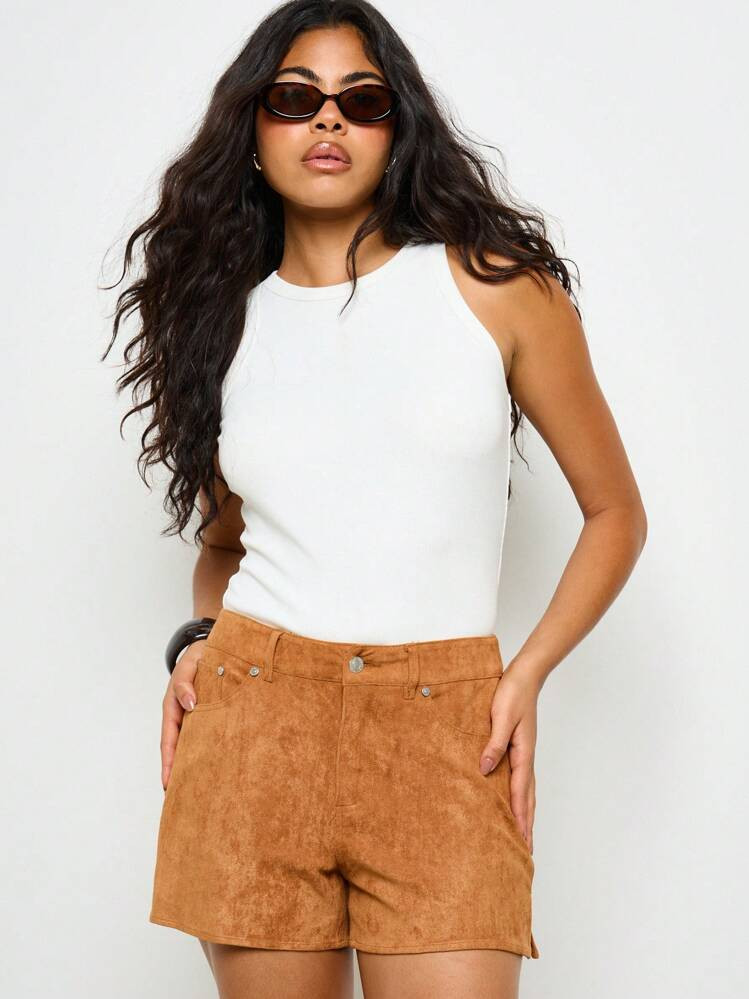 AiiRZ Vintage Inspired High Waist Suede Shorts Western Camel Button Front Retro Style Festival Boho Chic Summer Spring Casual Wear Classic Cut Short | SHEIN