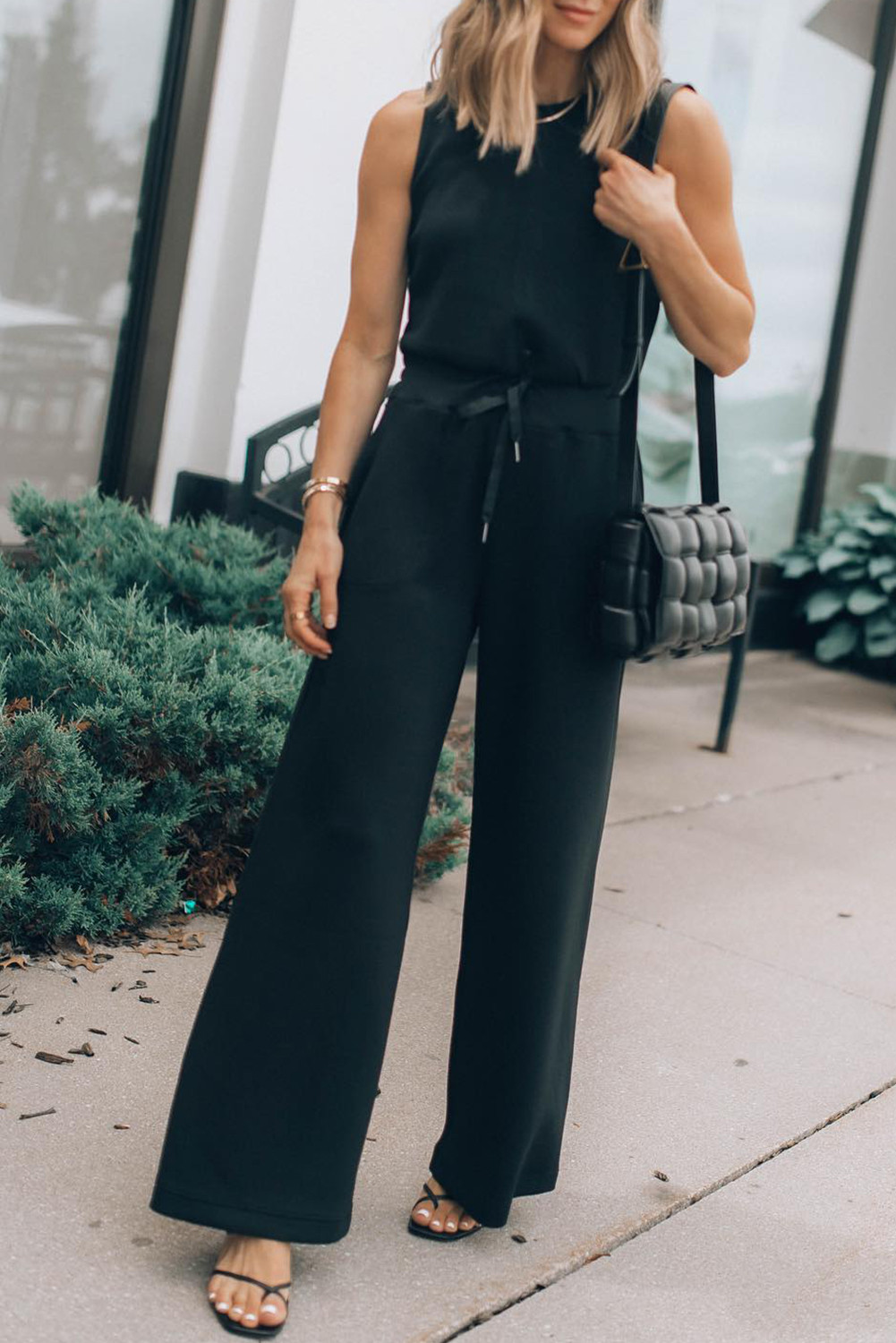 Black Solid Sleeveless Wide Leg Tank Jumpsuit | Shewin