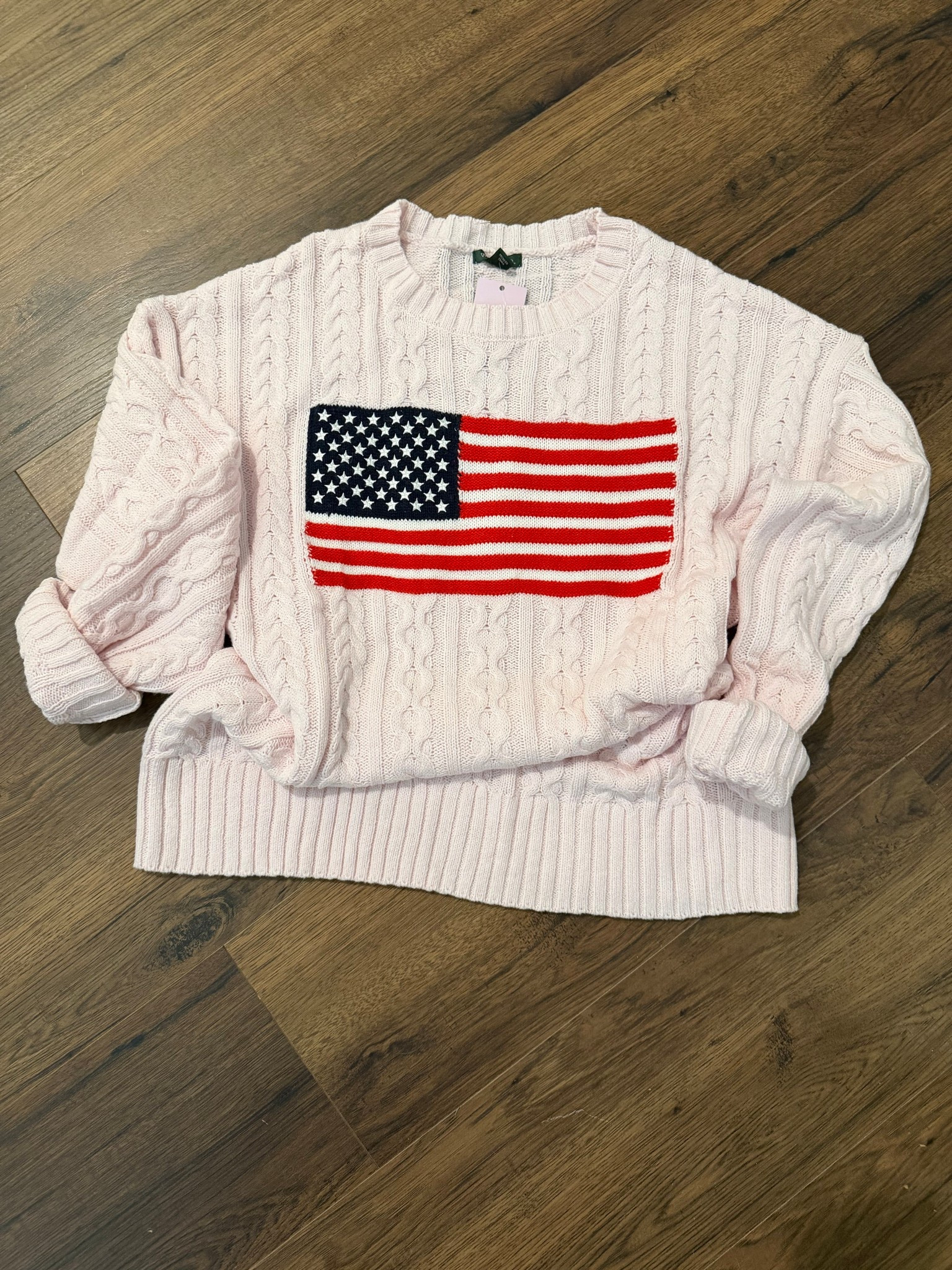 You can’t tell from the picture, but this is a light pink women’s crewneck flag sweater. I’ve been looking for this in pink and I’m so excited I bought the size medium for an oversized fit … Under $35 New at target
