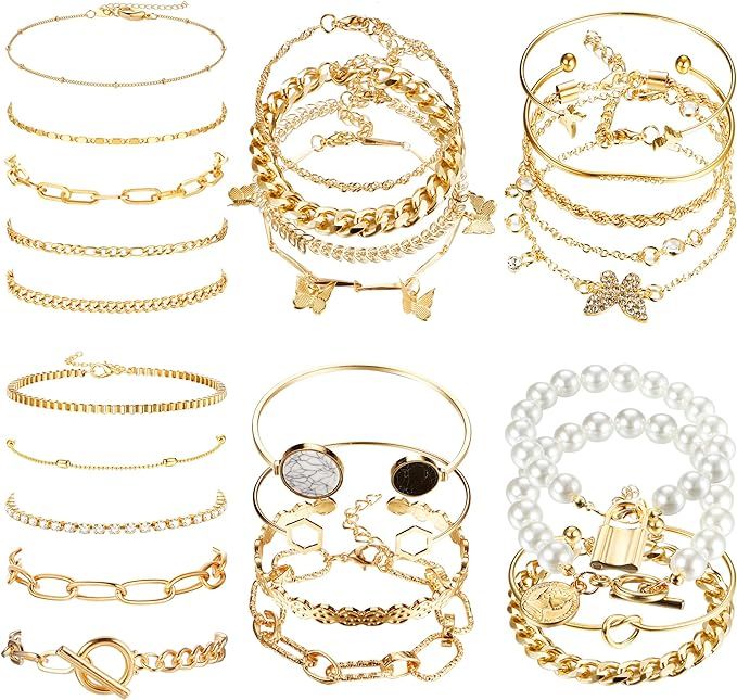 YADOCA 27Pcs Gold Stackable Chain Bracelets Set For Women 14K Gold Plated Boho Dainty Multiple La... | Amazon (US)