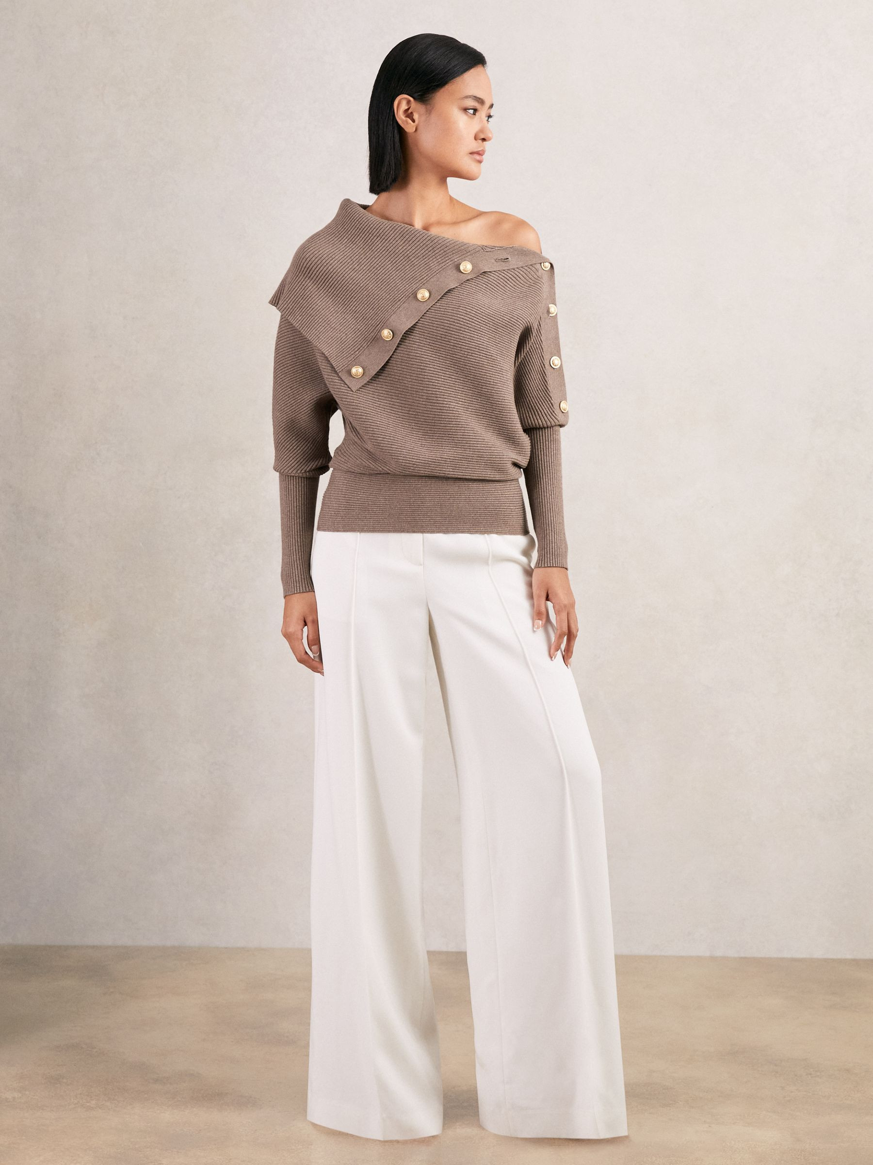 Rib-Knit Button Shawl Jumper in Taupe | Reiss US