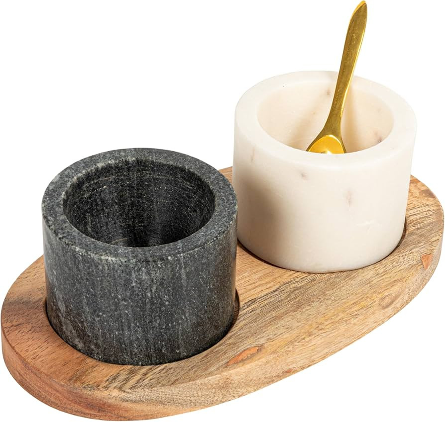 Creative Co-Op 2 Marble Bowls on Mango Wood Base with Salt Spoon | Amazon (US)