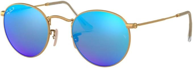 Ray-Ban RB3447 Round Metal Mirror Unisex Sunglasses (Matte Gold Frame/Blue Mirror Polarized Lens ... | Amazon (US)