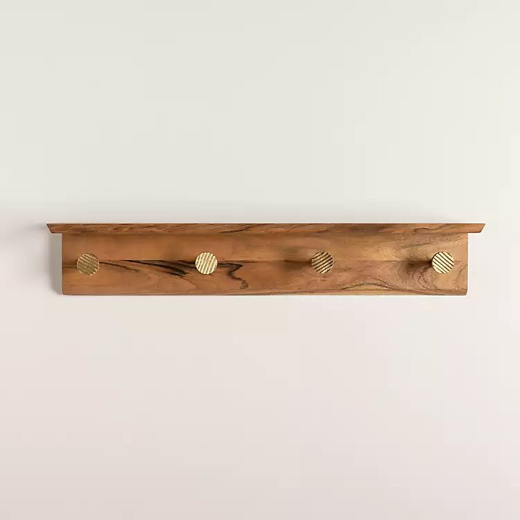 Mango Wood Wall Shelf with Brass Hooks | Kirkland's Home