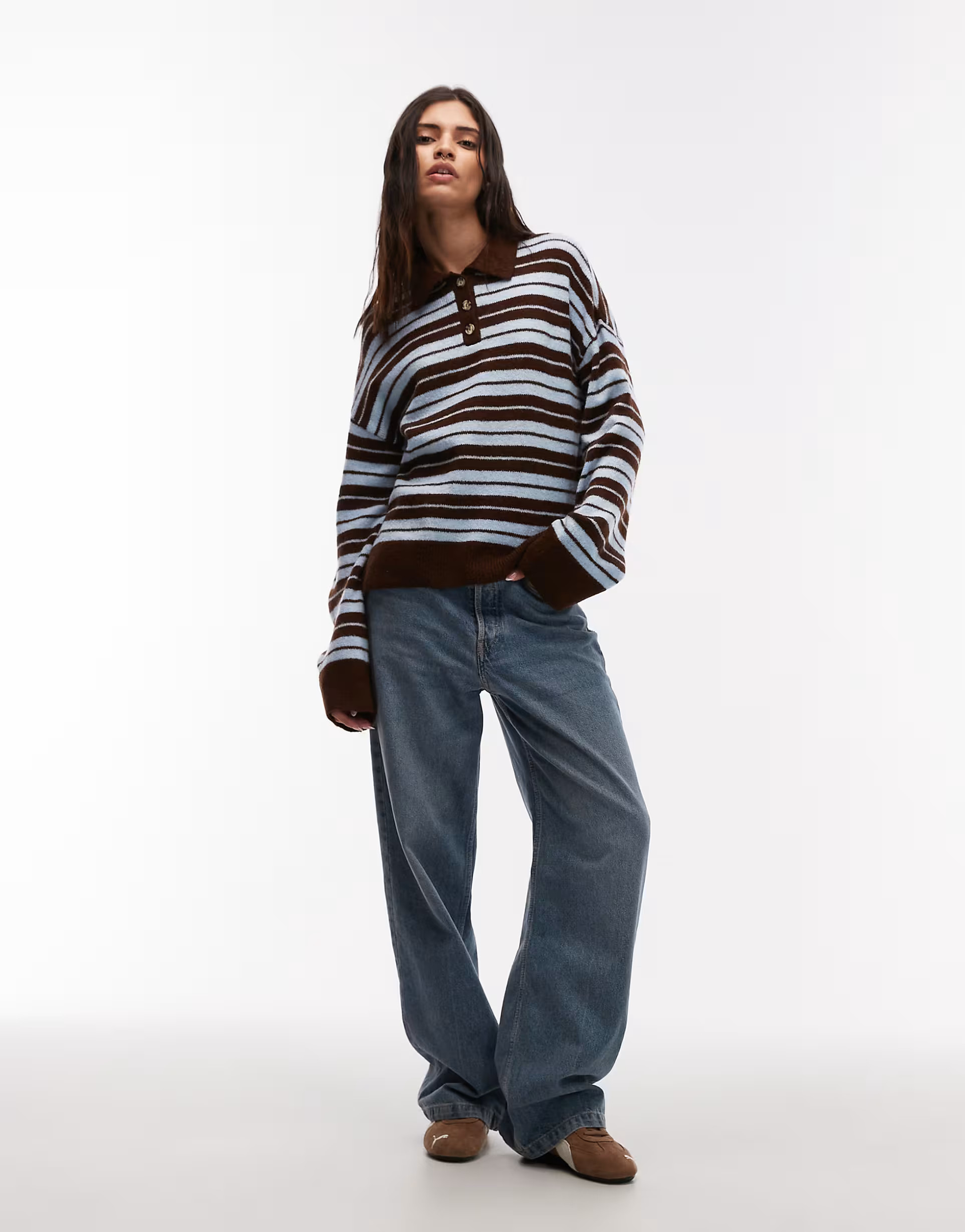 ASOS DESIGN knit fluffy rugby top in blue and brown stripe | ASOS (Global)