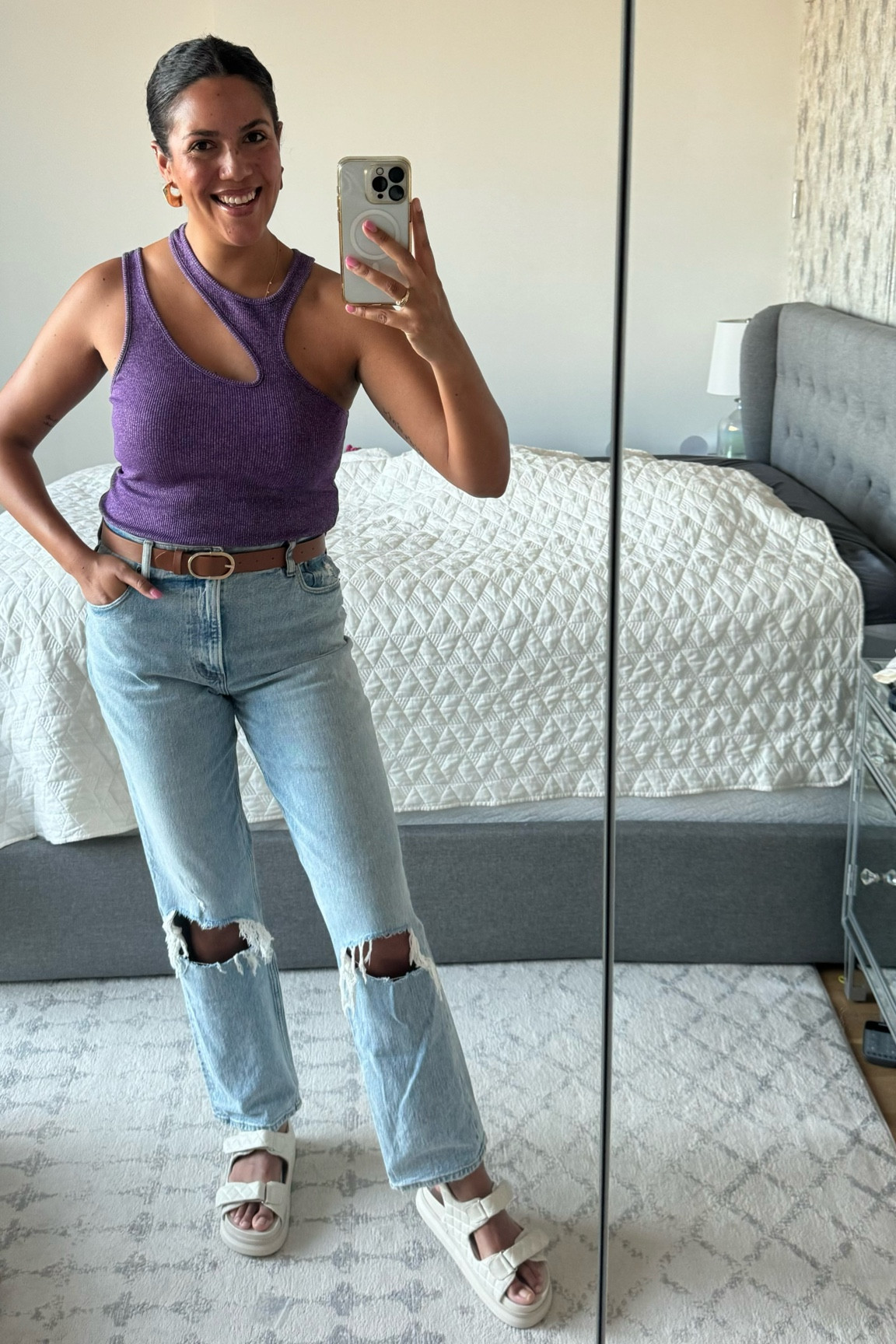 Loved this bright outfit for summer nights! A purple cutout tank from AGOLDE, destructed straight leg jeans from Abercrombie, and chunky platform sandals from Target  

#LTKStyleTip #LTKMidsize #LTKSeasonal