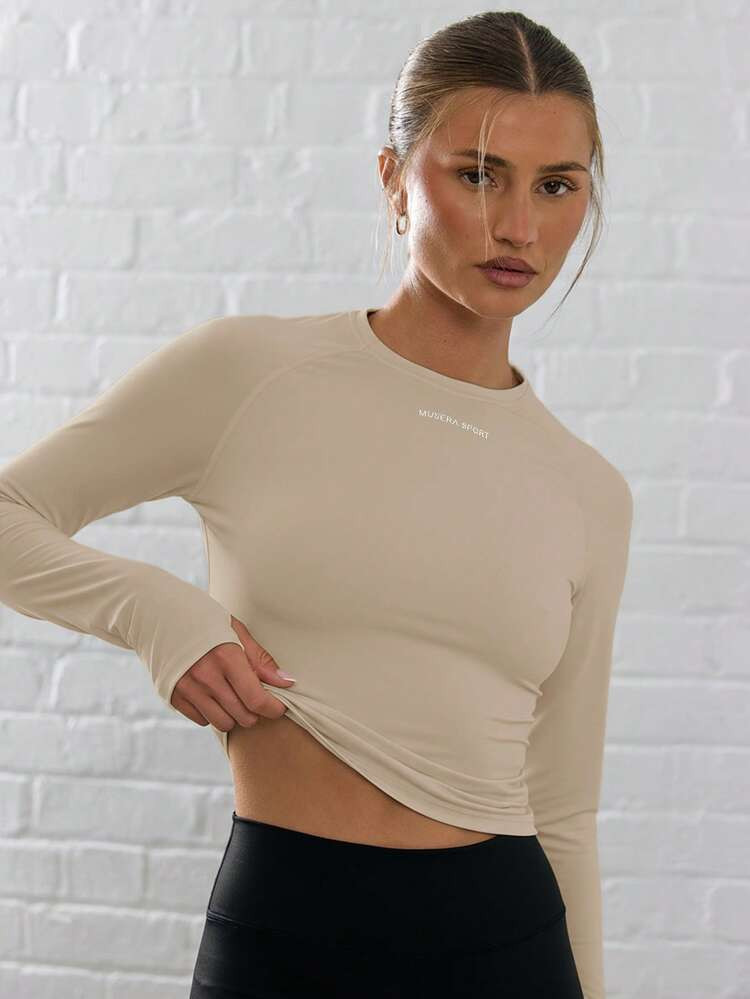 Musera Sport Long Sleeve Slinky Thumb Hole Cropped Active-Wear Top , Padel, Tennis, Pickleball Gy... | SHEIN