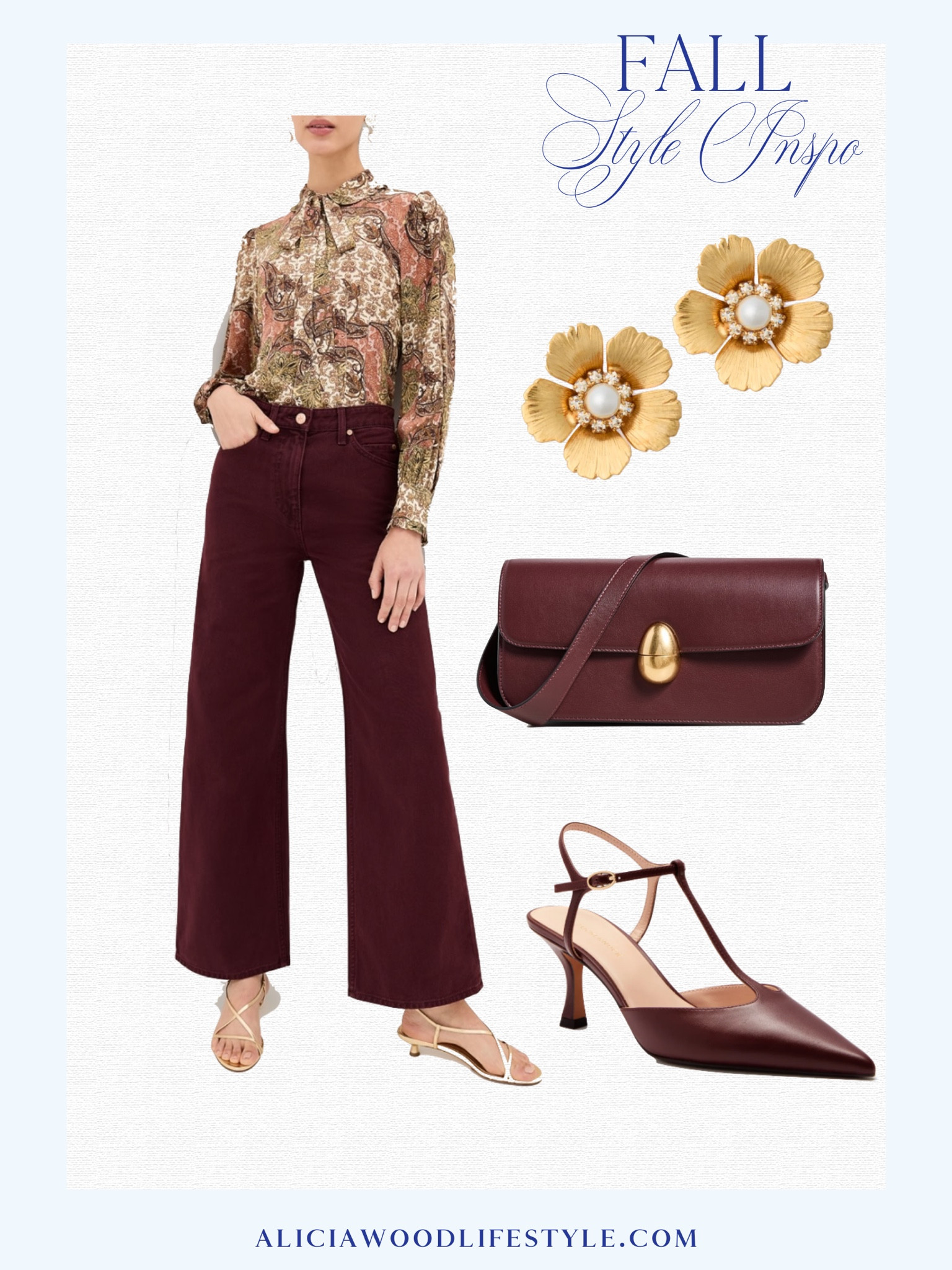 Fall style inspiration 
Burgundy fall trend

Burgundy pants
Floral blouse
Burgundy heel
Burgundy shoulder bag
Floral stud earrings 

#LTKSeasonal #LTKStyleTip #LTKOver40