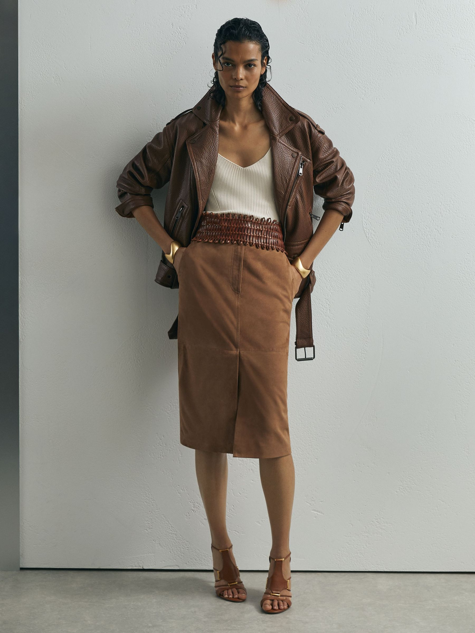 Atelier Grained-Leather Oversized Biker Jacket in Chestnut Brown | Reiss UK