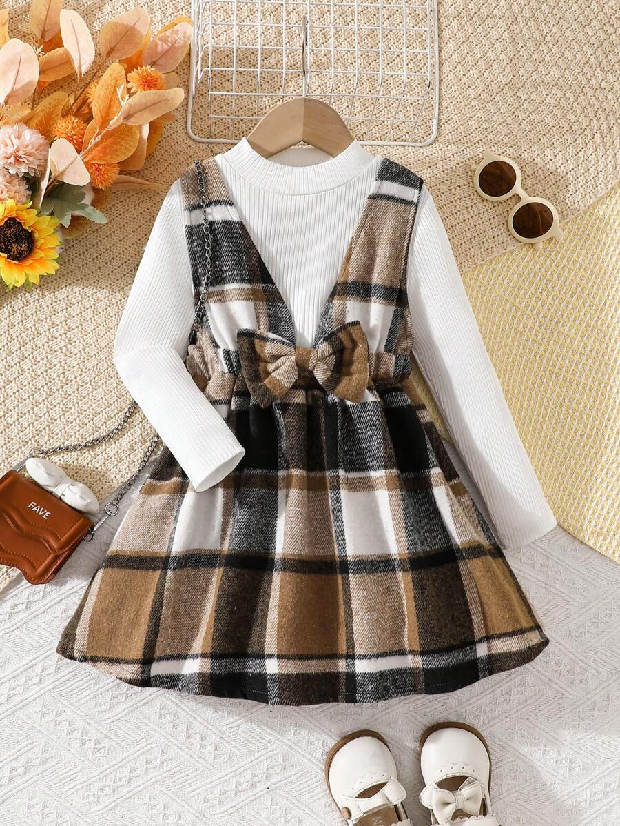2pcs Young Girl Ribbed Top + Plaid Jumper Dress Set, Autumn/Winter | SHEIN
