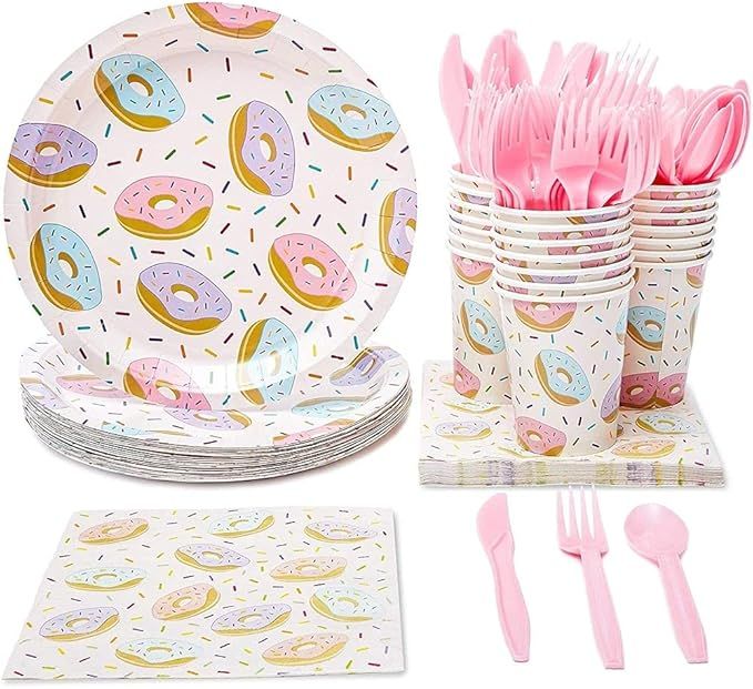 Donut Party Supplies, Paper Plates, Napkins, Cups and Plastic Cutlery (Serves 24, 144 Pieces) | Amazon (US)