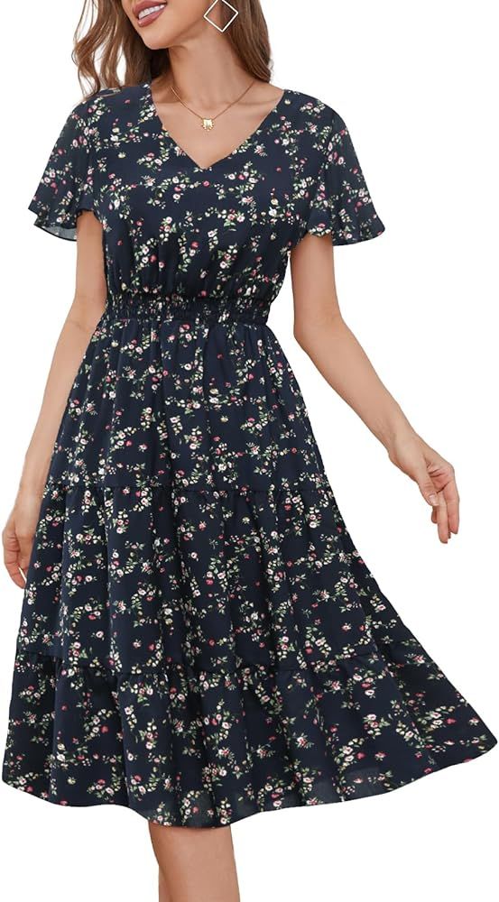Bridesmay Floral Summer Dresses for Women 2024, Midi Dress for Women Casual with Short Sleeves | Amazon (US)