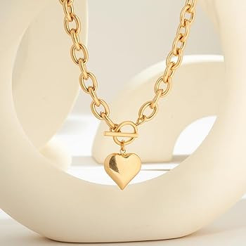 FAUTHENTICUTE Gold Heart Pendant Necklaces For Women Worn Gold Chunky Link Chain Necklaces With A... | Amazon (CA)
