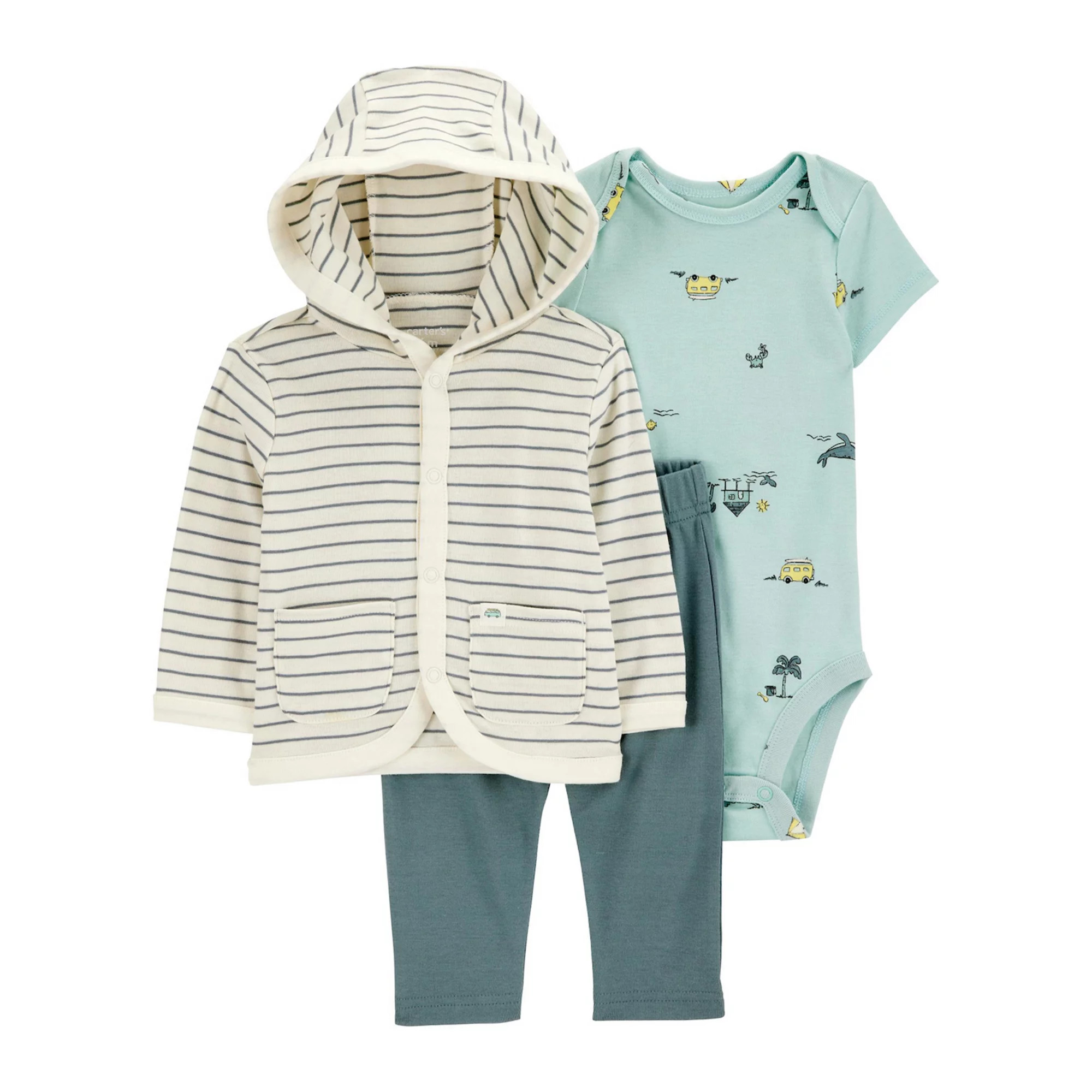 Baby Boy Carter's 3-Piece Striped Hooded Cardigan, Beach Bodysuit and Pants Set | Kohl's