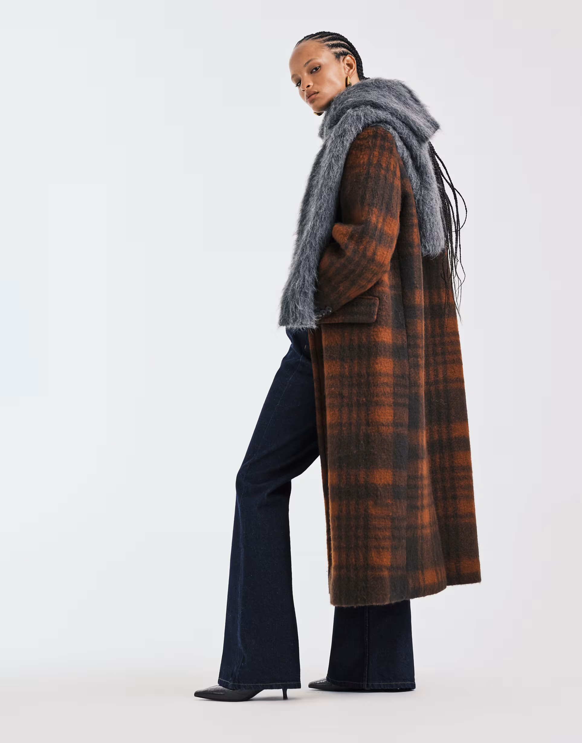 ASOS DESIGN premium brushed wool blend dad coat in brown and orange plaid | ASOS (Global)