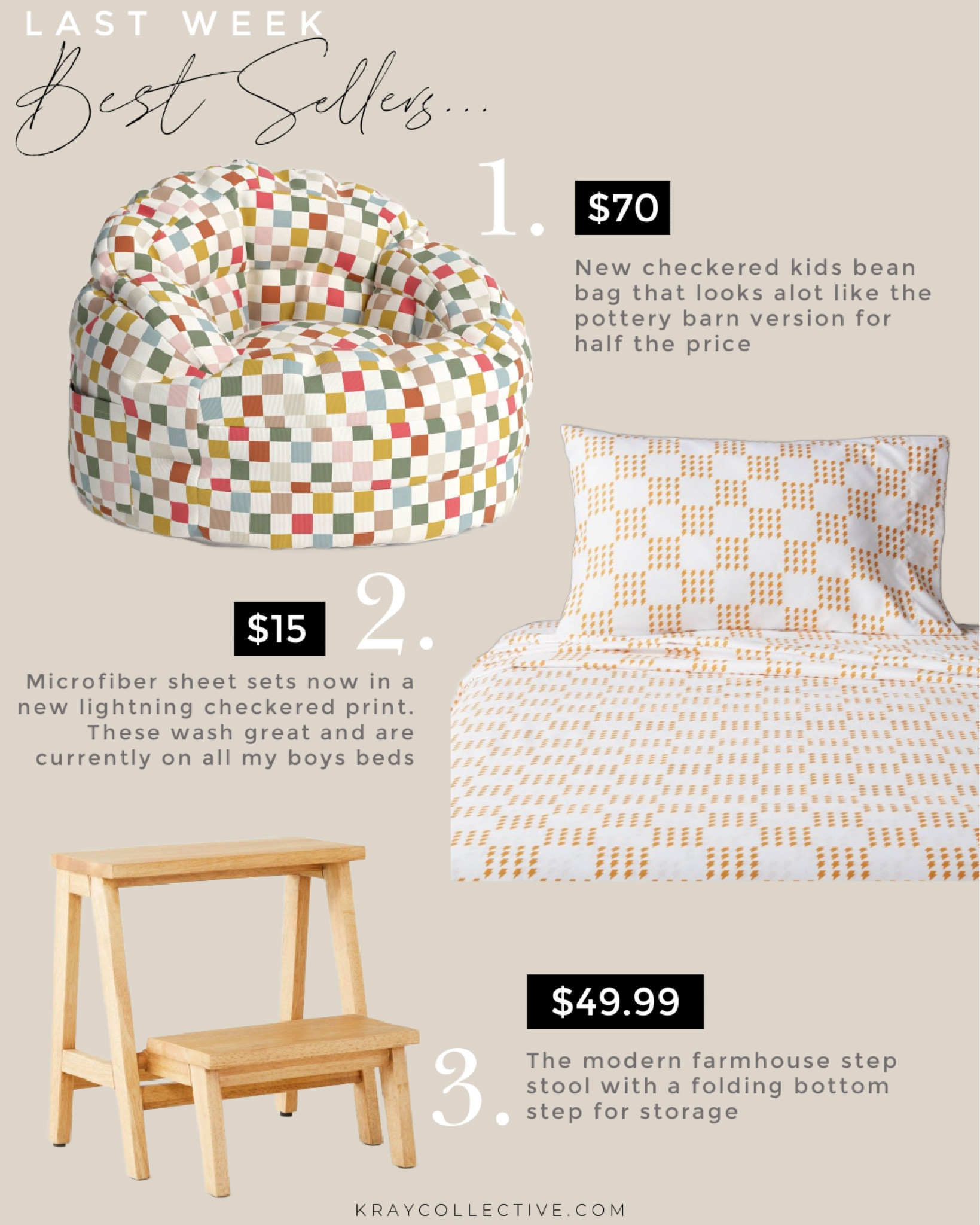 Last week’s best sellers in kids home!  My favorite $15 kids sheets are now in a lightning bolt checkered pattern I love! This new checkered pattern bean bag would look great in your playroom.  The best selling step stool every week for the past month, with a fold up bottom step for storage.

#home #playroom #beanbag #targethome #kidsroom #kidssheets #kidsbed

#LTKStyleTip #LTKHome #LTKKids