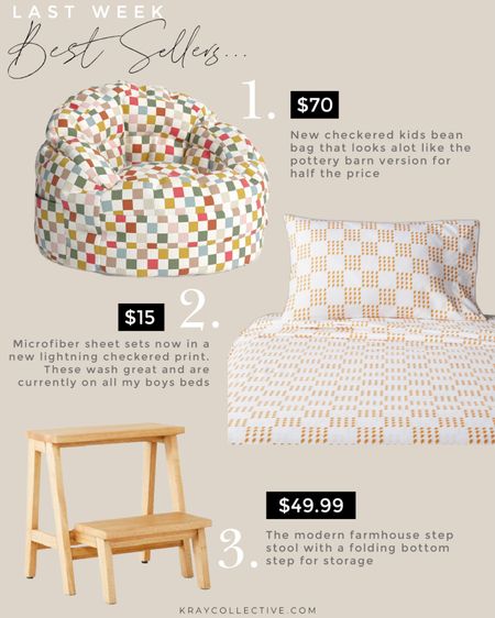 Last week’s best sellers in kids home!  My favorite $15 kids sheets are now in a lightning bolt checkered pattern I love! This new checkered pattern bean bag would look great in your playroom.  The best selling step stool every week for the past month, with a fold up bottom step for storage.

#home #playroom #beanbag #targethome #kidsroom #kidssheets #kidsbed

#LTKStyleTip #LTKHome #LTKKids