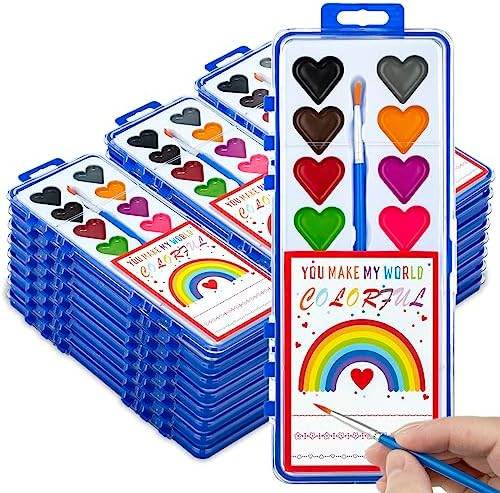 Valentines Day Gifts for Kids, 24 Pack Watercolor Paint Set with Paintbrush for Kids, Prizes Exch... | Amazon (US)