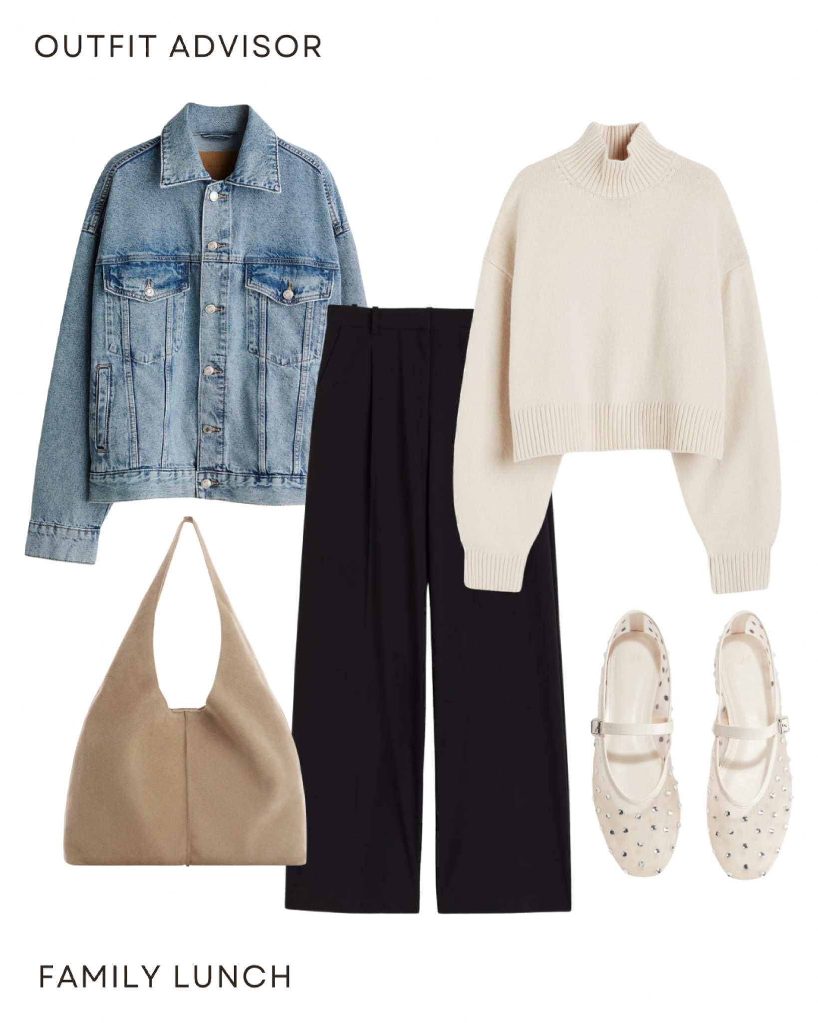 Casual autumn outfit inspo: a long jean jacket, short knit turtleneck, wide leg black trousers, a brown suede tote bag and rhinestone mesh ballet flats

#LTKstyletip #LTKshoes #LTKautumn