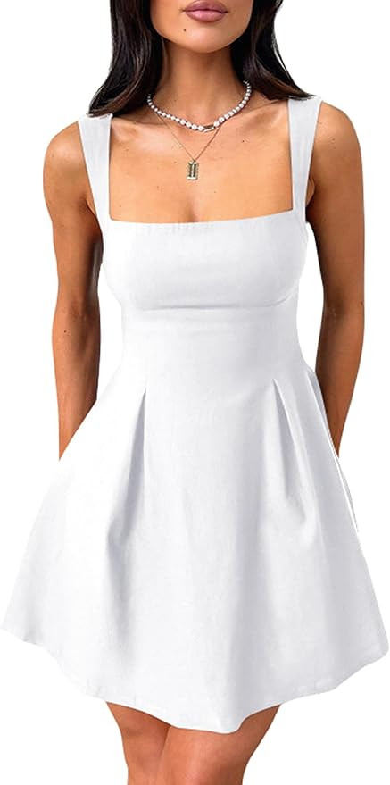 YMDUCH Women's Sexy Sleeveless Square Neck Adjustable Straps Bow Tie A-line Mini Party Club Dress | Amazon (US)