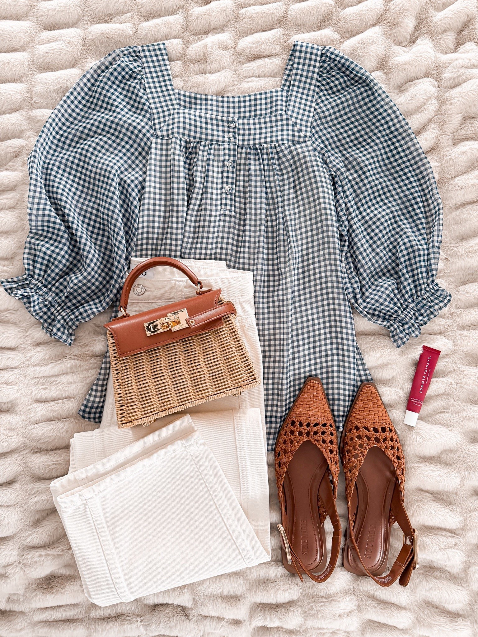 A gingham blouse with white jeans and woven flats is such a chic spring combo… yes or no? 💙 

#LTKOver40 #LTKSeasonal #LTKootd