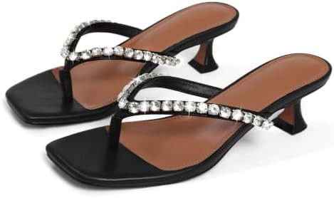 Eteridrey Women's Kitten Heels, Rhinestone Square Toe Thong Heel Sandals, Comfortable 2 Inch Low ... | Amazon (US)