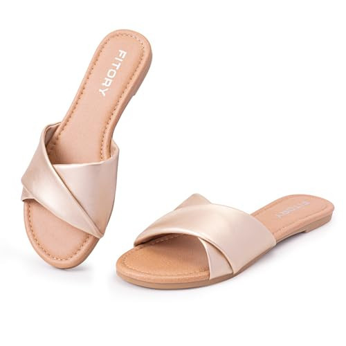 FITORY Women's Flat Sandals Fashion Slides With Soft Leather Slippers for Summer Gold Size 9 | Amazon (US)