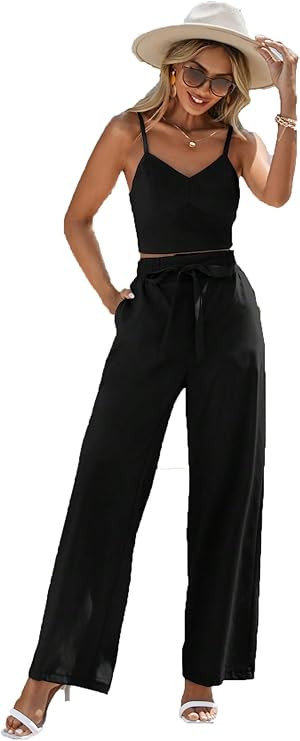 Verdusa Women's 2 Piece Outfits Shirred Spaghetti Strap Crop Cami Top with Wide Leg Pants | Amazon (US)