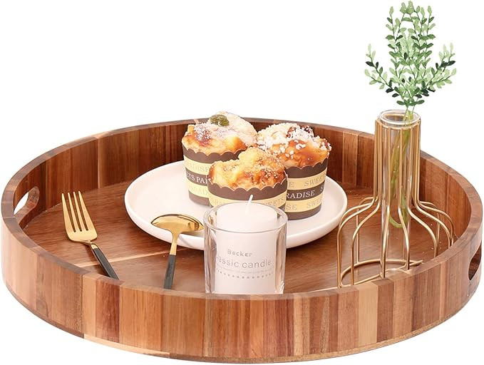 WONFUlity Round Wooden Trays for Coffee Table，Leak-Proof Ottoman Tray Acacia Wood Tray, Serving... | Amazon (US)