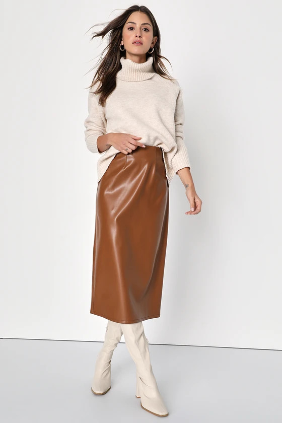 Bold Sophistication Brown Vegan Leather High-Rise Midi Skirt | Lulus