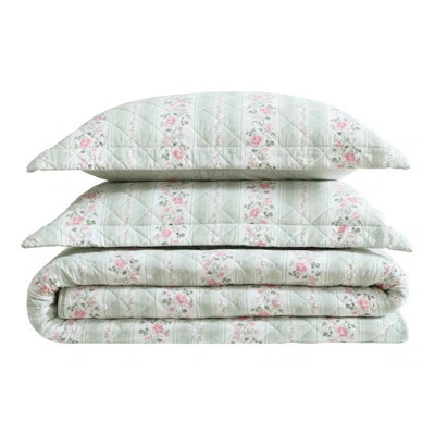 Laura Ashley Rosebud Stripe Green Cotton Reversible Quilt Set | Wayfair North America