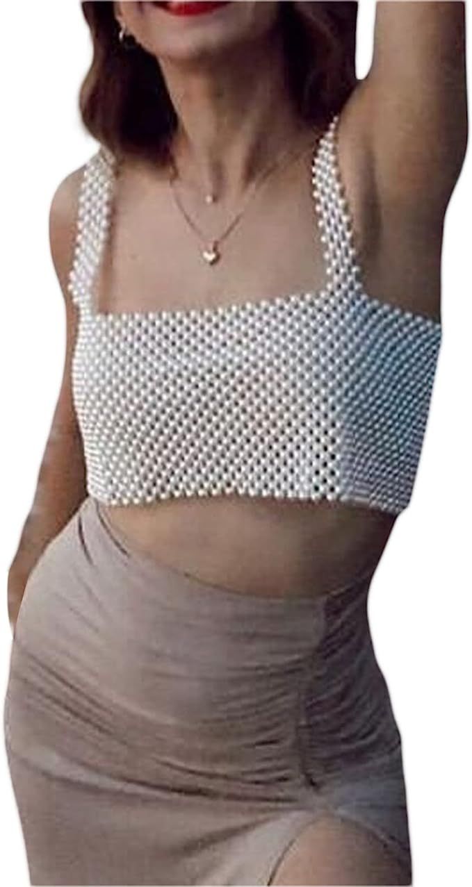 Women Sexy Pearls Beaded Cami Top Pearl Crop Top Spaghetti Strap Bra Cover up Top Tank Top Party ... | Amazon (US)
