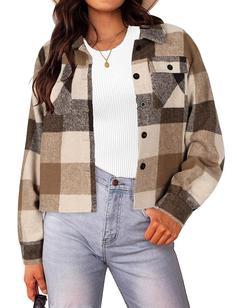 HOTOUCH Womens Flannels Fall Cropped Shacket Plaid Jacket Long Sleeve Button Down Coat 2025 Fall ... | Amazon (US)