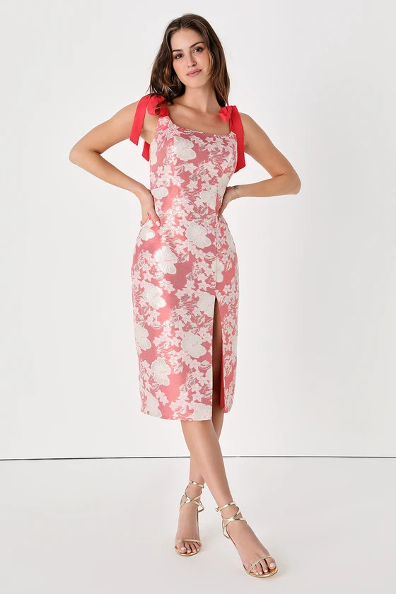 Feeling Radiant Coral Pink Floral Jacquard Tie-Strap Midi Dress | Lulus (US)