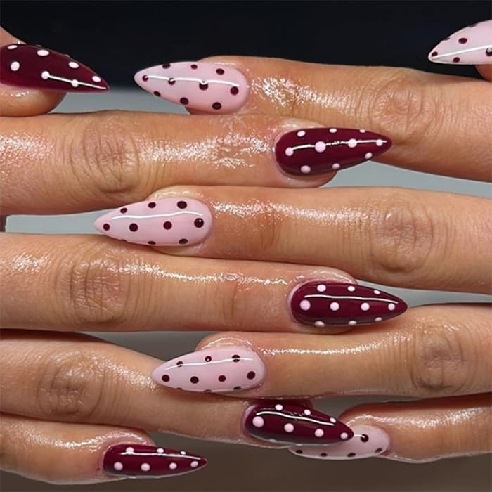 Polka Dot Press on Nails Medium Almond Fake Nails Burgundy Pink Nails Press ons with Design Full ... | Amazon (US)