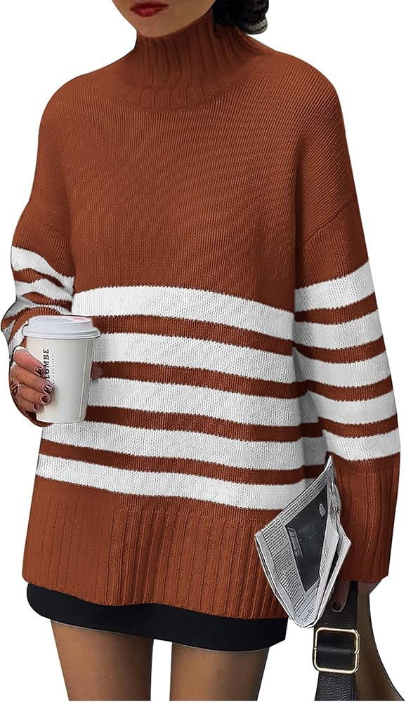 PRETTYGARDEN Women Oversized Striped Turtleneck Sweater 2025 Fall Fashion Long Sleeve Pullover Wi... | Amazon (US)