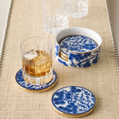 Chinoiserie Ceramic Coasters with Holder, Blue and White | Williams-Sonoma