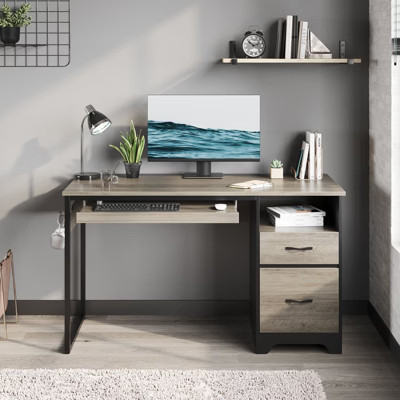 Bestier 48” Office Desk with Drawers, Computer Writing Desk with Keyboard Tray & 2 Hooks for Home Office, Gray | Target