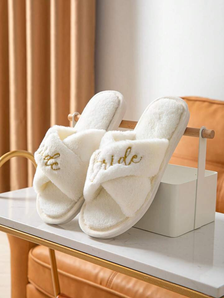 Women Letter Embroidered Fuzzy Bedroom Slippers, Fashion Indoor Home Slippers | SHEIN