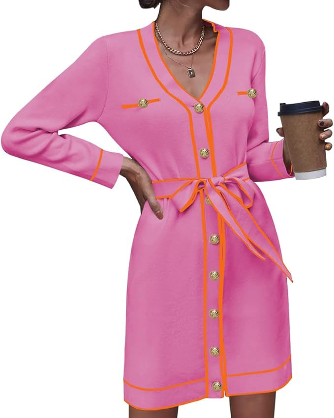 Pink Queen Women's Long Sleeve Button Down Mini Dress Elegant V Neck Open Front Color Block Knit ... | Amazon (US)