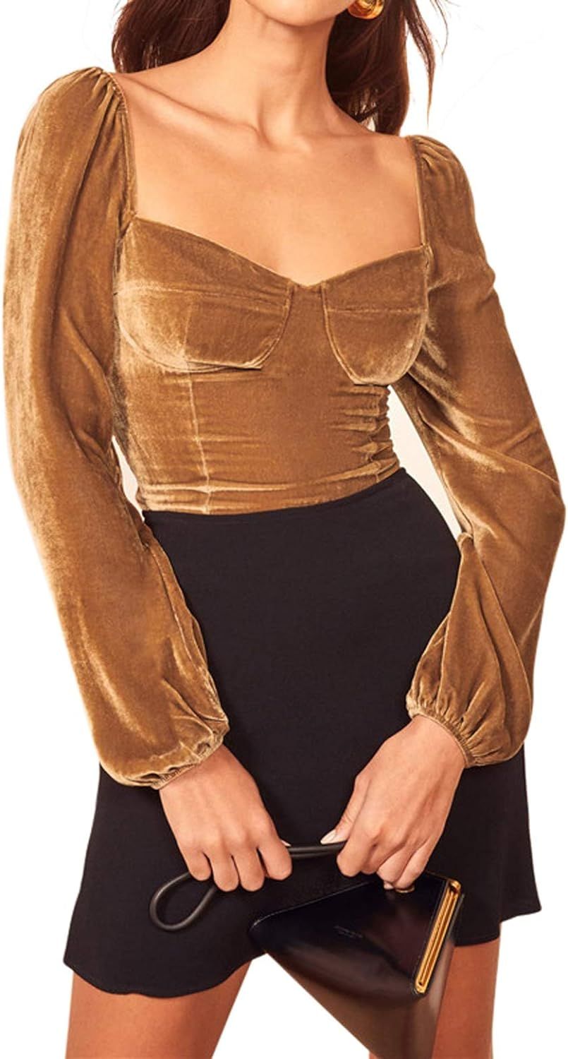 R.Vivimos Women's Fall Velvet Long Sleeves Square Neckline Casual Vintage Crop Tops Blouse | Amazon (US)