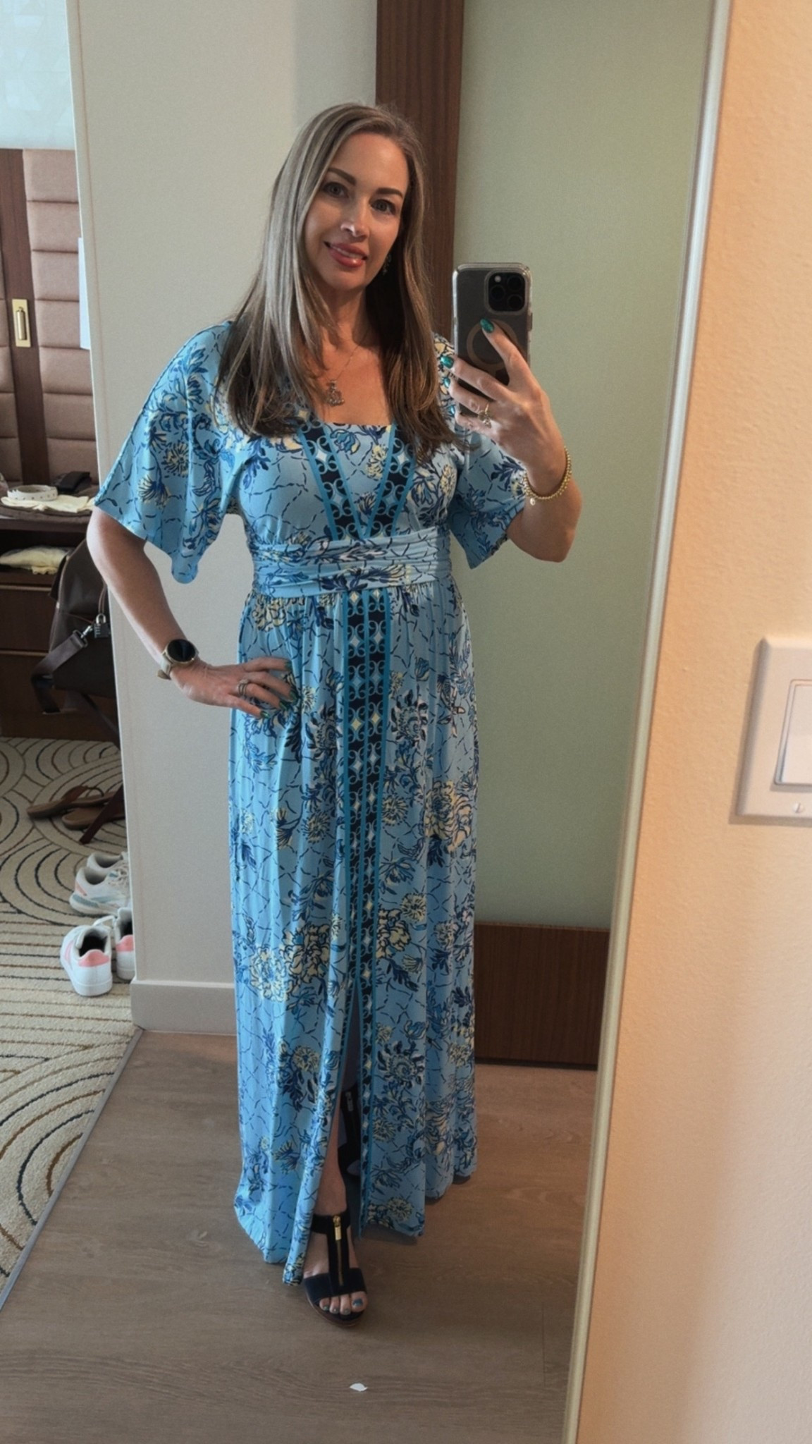 ￼ We're finally on vacation and heading to a lovely dinner at Narcoosie’s at the Grand Floridian in Disney World. I really love how easy and comfortable this dress is — it’s perfect for a casual yet dressy look. Made from soft T-shirt material with a little stretch, I can see myself getting a lot of use out of it. The beautiful blue and butter yellow print pairs perfectly with the navy blue, making it even more stunning.
At 5’3” tall, I am wearing 4 inch heels to keep this dress off the floor. So if you are petite like me, keep that in mind. 
i’m wearing a size 4. ￼

#LTKTall #LTKOver40 #LTKootd