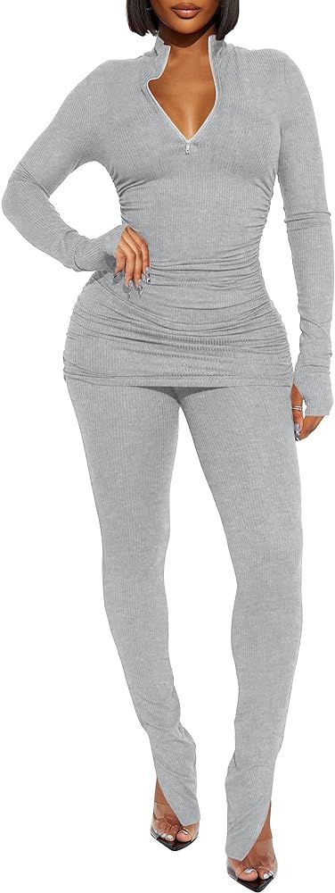 Kaximil Women's Sexy 2 Piece Outfits Sweatsuits Half Zip Tracksuit Long Sleeve Ribbed Legging Pan... | Amazon (US)