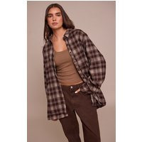 Chocolate Brushed Check Oversized Shirt, Brown | PrettyLittleThing UK