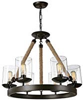 LNC A02992 Retro Rustic Chandelier 6-Light Antique Ceiling Lamp, Hemp Rope with Glass Shade, Brown | Amazon (US)